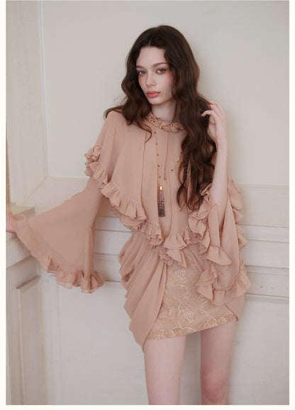 SHEERLUCK SLLYQ26712 Romy Vintage Cape-Style Dress-Cafe Latte
