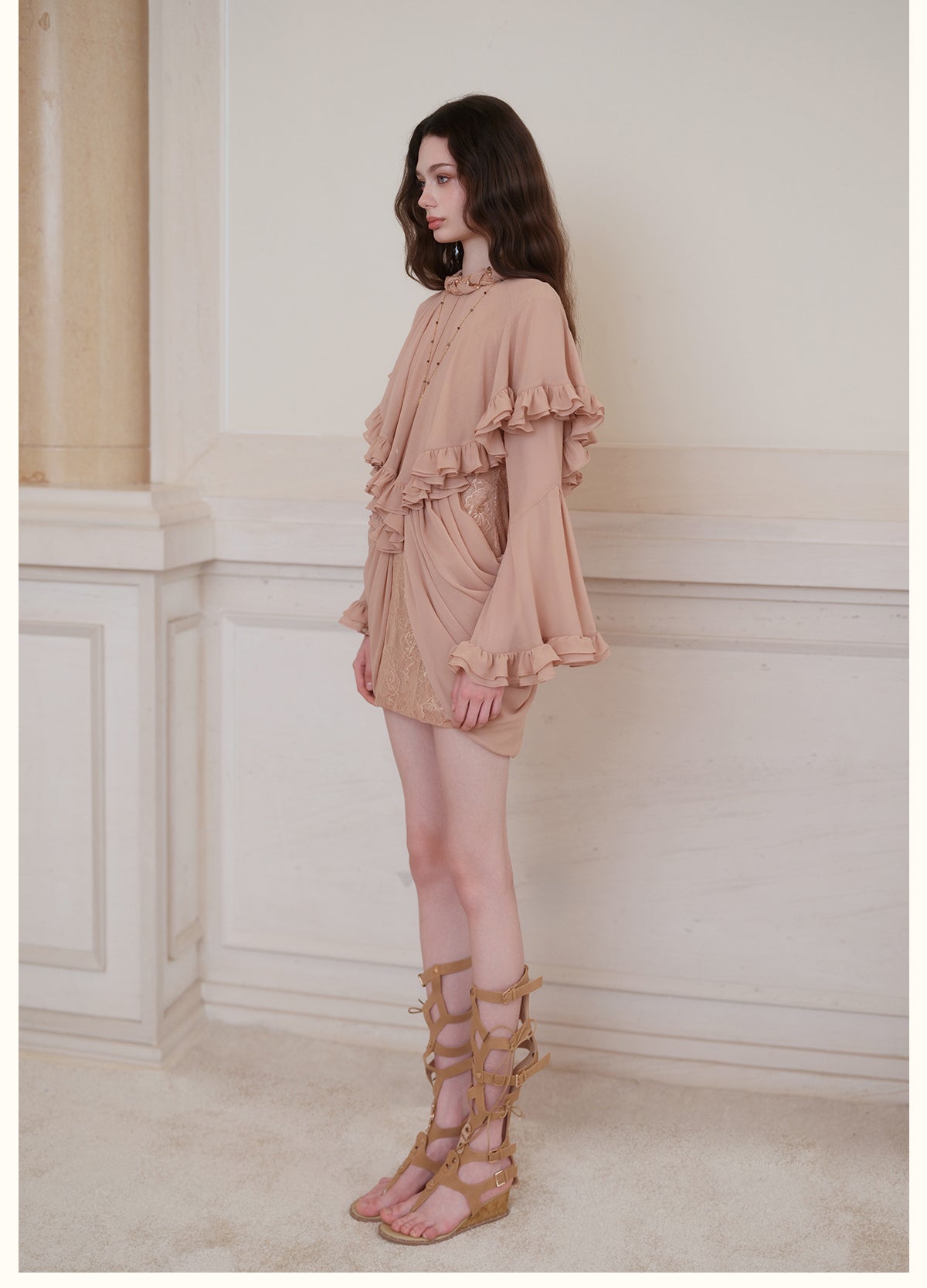 SHEERLUCK SLLYQ26712 Romy Vintage Cape-Style Dress-Cafe Latte