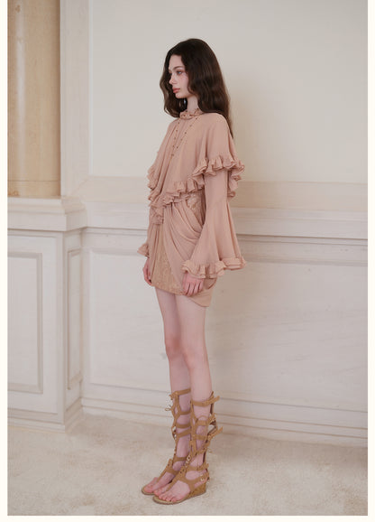 SHEERLUCK SLLYQ26712 Romy Vintage Cape-Style Dress-Cafe Latte