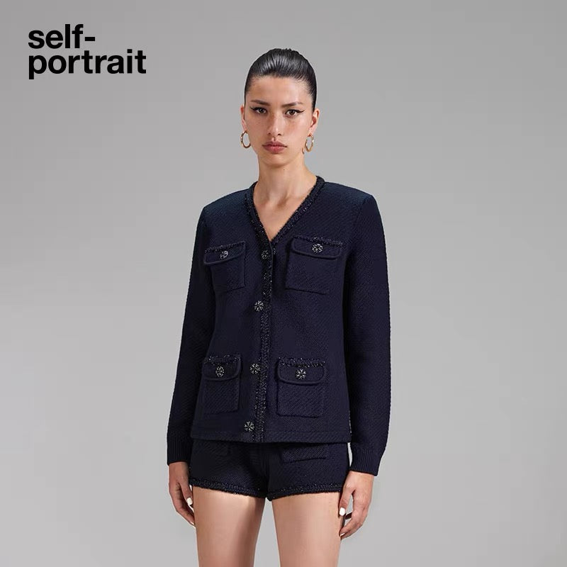 Self-Portrait NAVY BLUE V NECK CARDIGAN