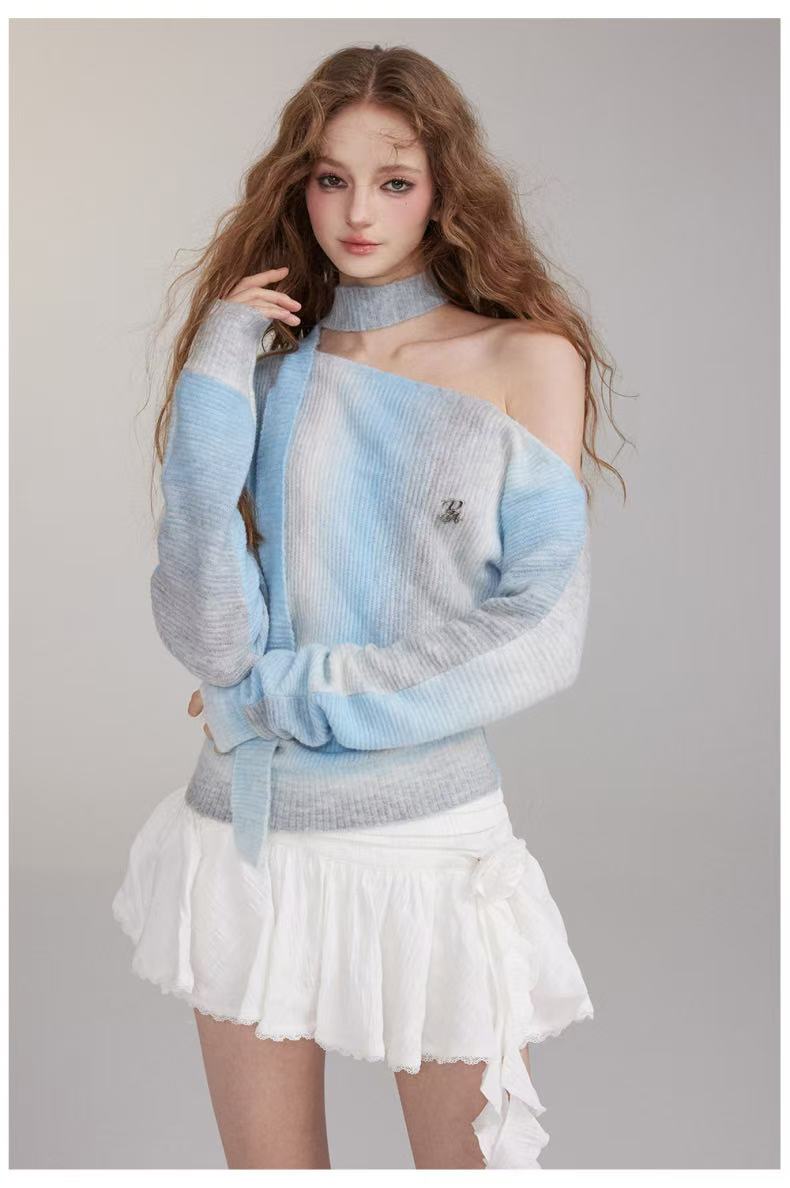 VIA PITTI V24DK246 Offe-shoulder ribbon gradient knit top(3color)