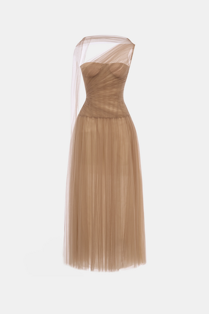 Montsand Draped Midi Dress-Brown