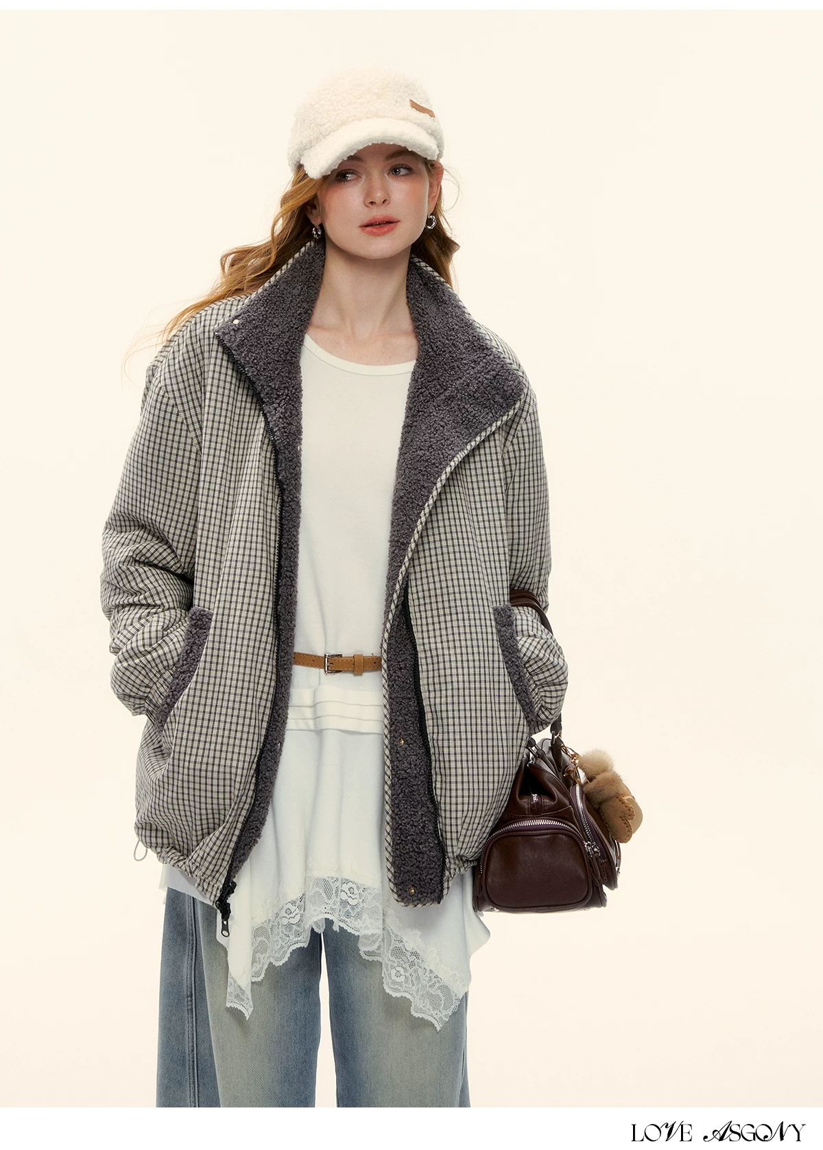 AsGony ASG25616 Gray plaid fleece jacket