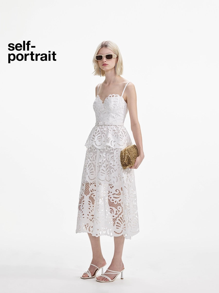 Self-Portrait WHITE COTTON LACE TIERED MIDI DRESS