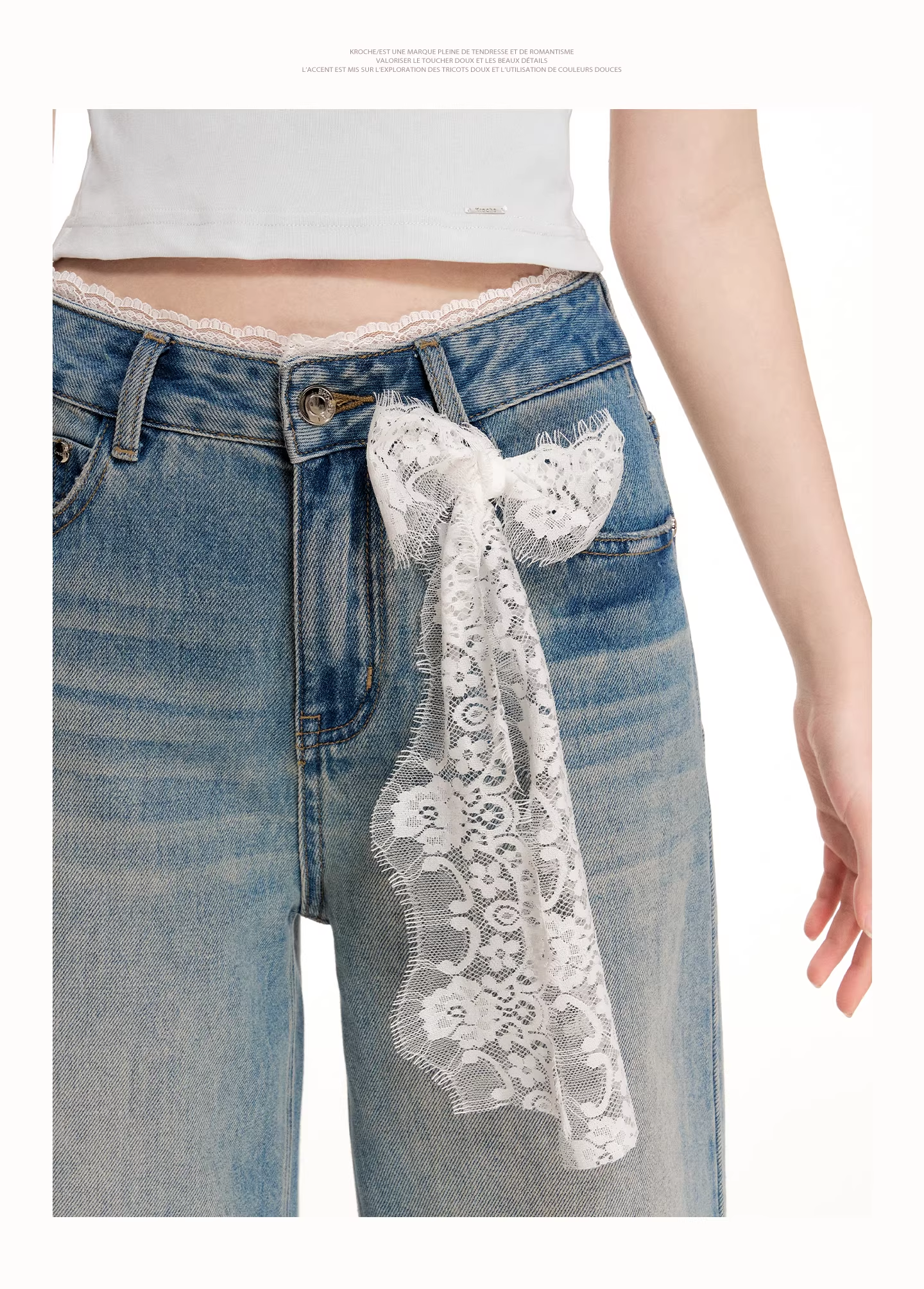 Kroche KN2025 Lace patchwork lace up jeans