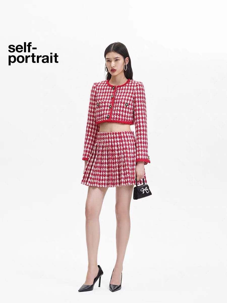 Self-Portrait Grid Pleated Mini Skirt