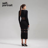 Self-Portrait BLACK KNIT STRIPED MIDI DRESS