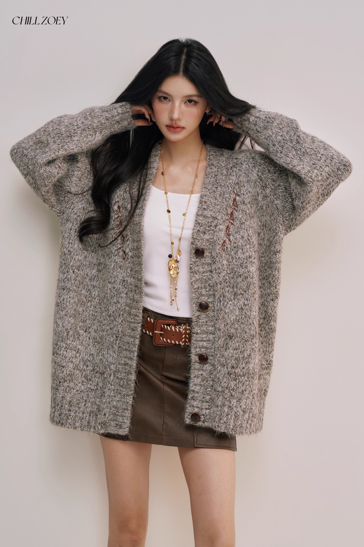 Chill Zoey M690309 Oversized Light Gray Marled Cardigan