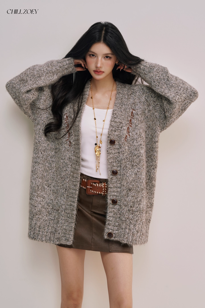 Chill Zoey M690309 Oversized Light Gray Marled Cardigan
