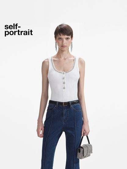 Self-Portrait WHITE RIBBED KNIT TOP