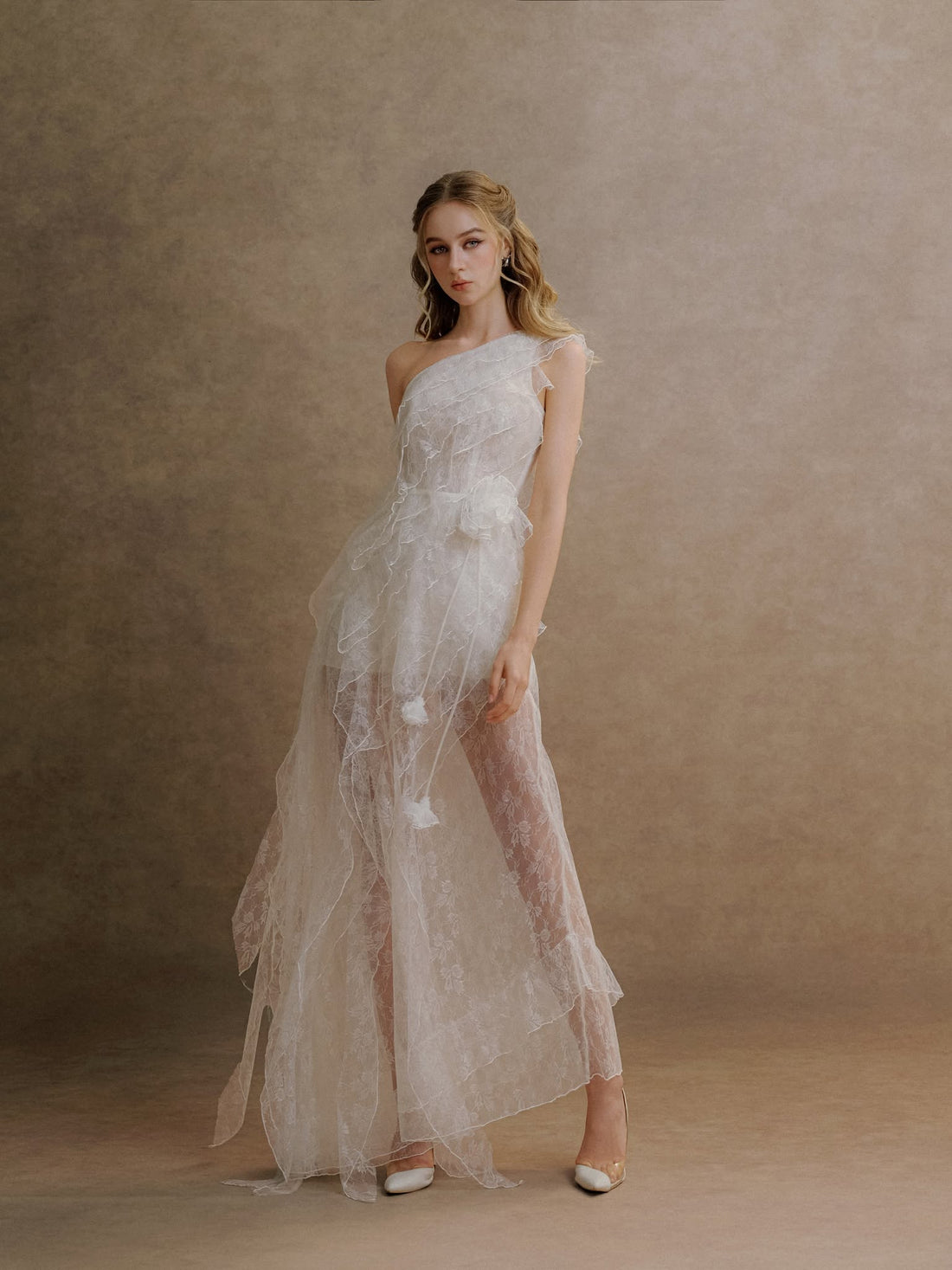 XY Bymyxy White Lace Ruffle Long Dress