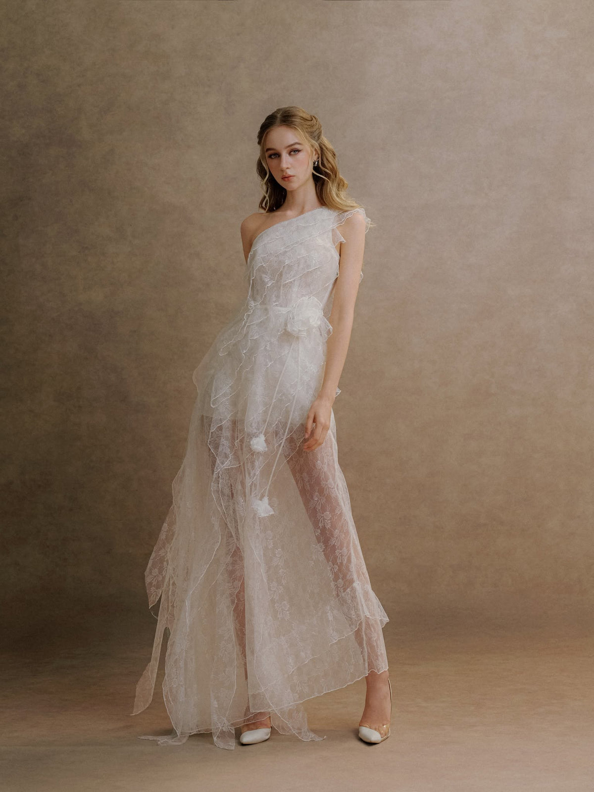 XY Bymyxy White Lace Ruffle Long Dress