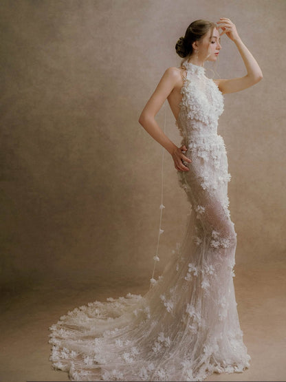 XY Bymyxy White Lace Halter Mermaid Wedding Dress