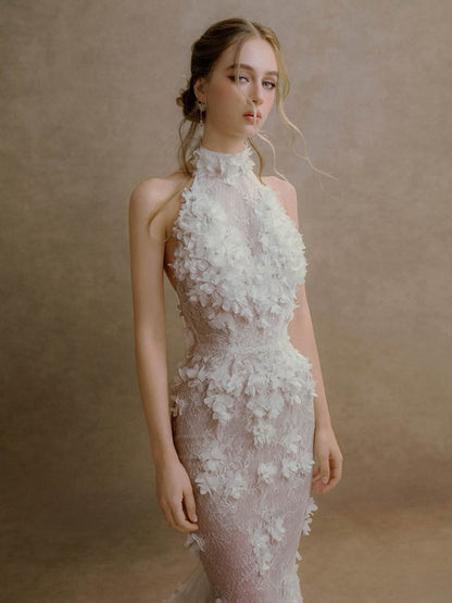 XY Bymyxy White Lace Halter Mermaid Wedding Dress