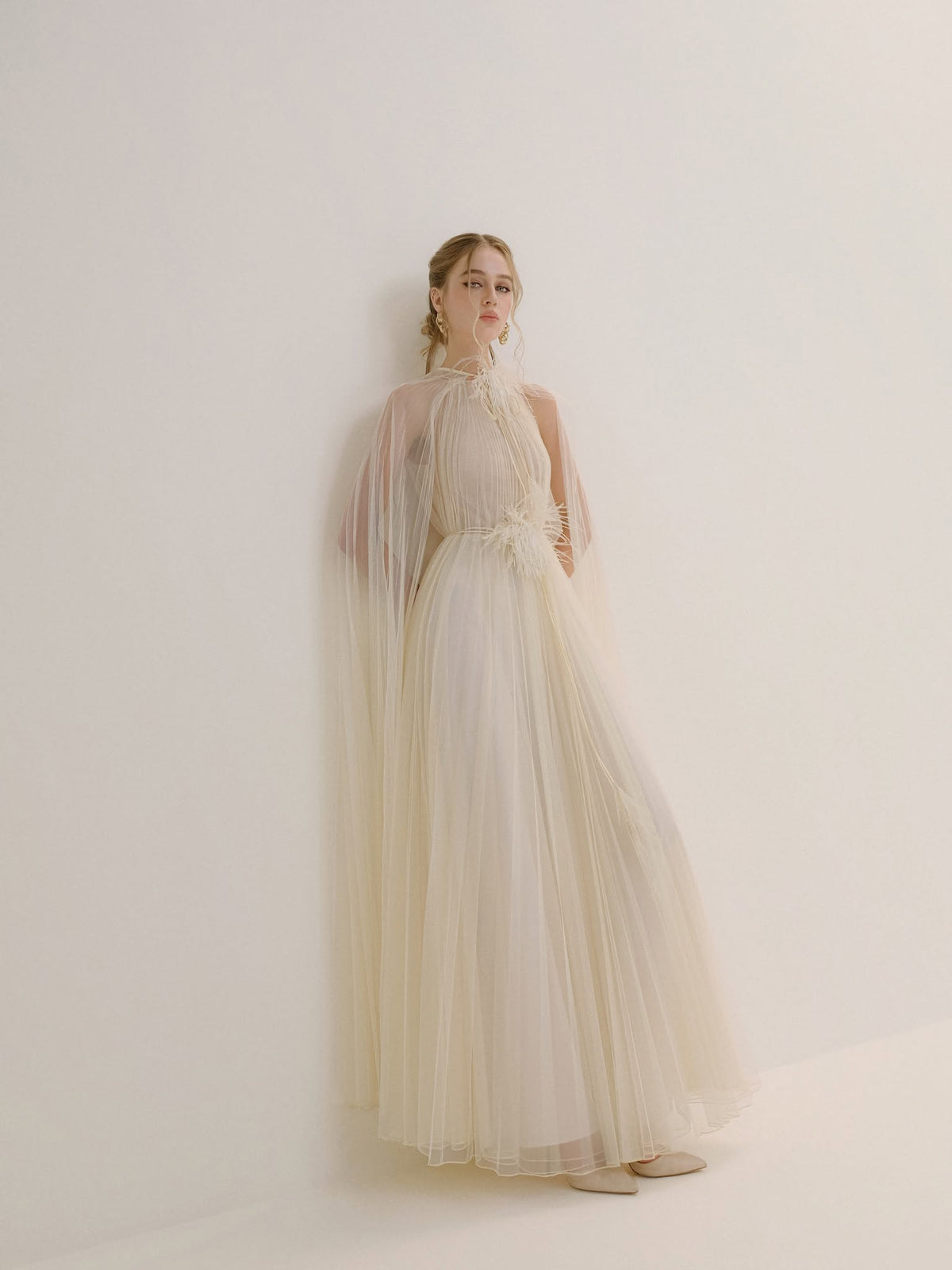 XY Bymyxy Cream Pleated Dress &amp; Cape Set