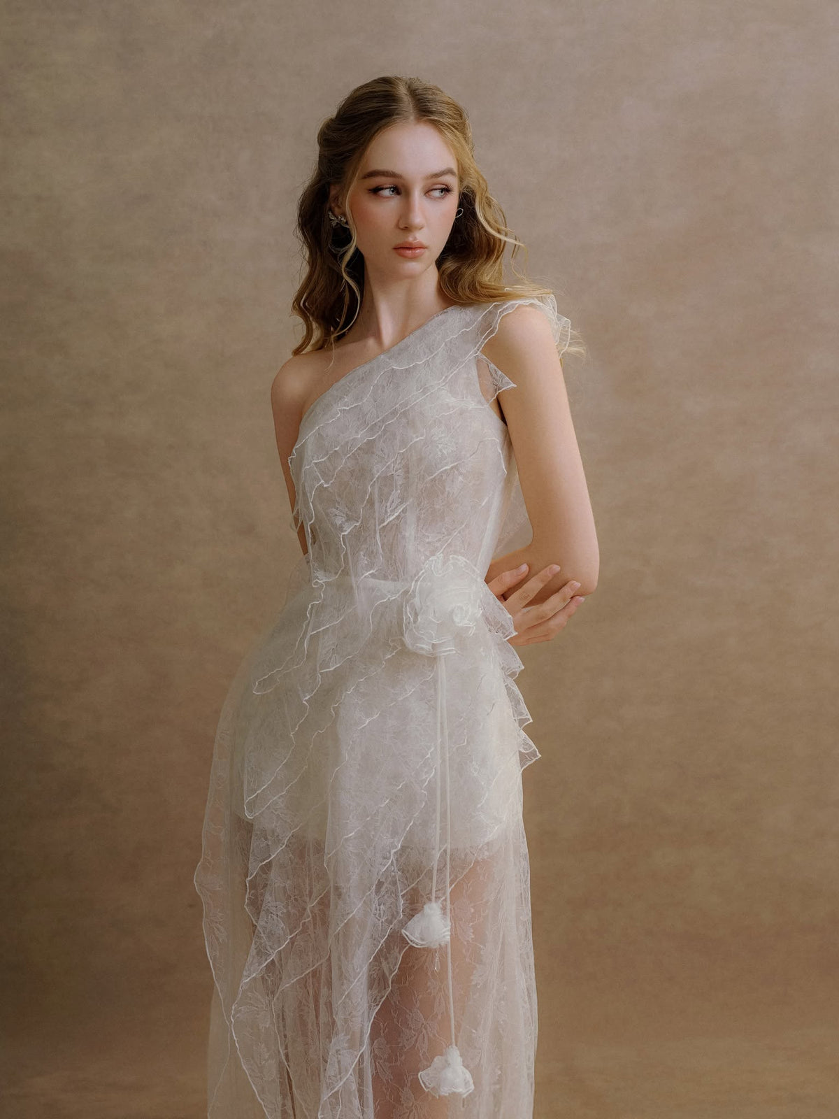 XY Bymyxy White Lace Ruffle Long Dress