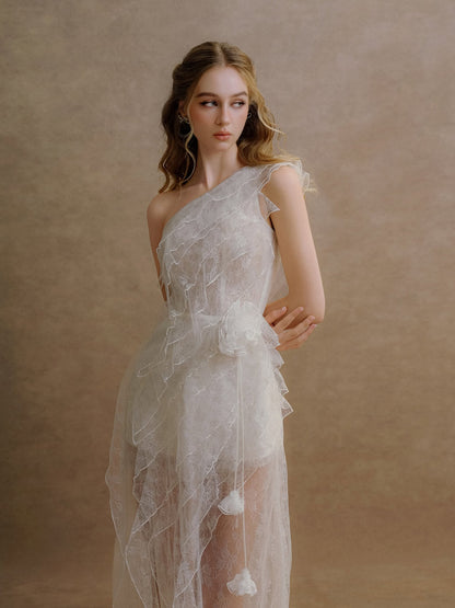 XY Bymyxy White Lace Ruffle Long Dress