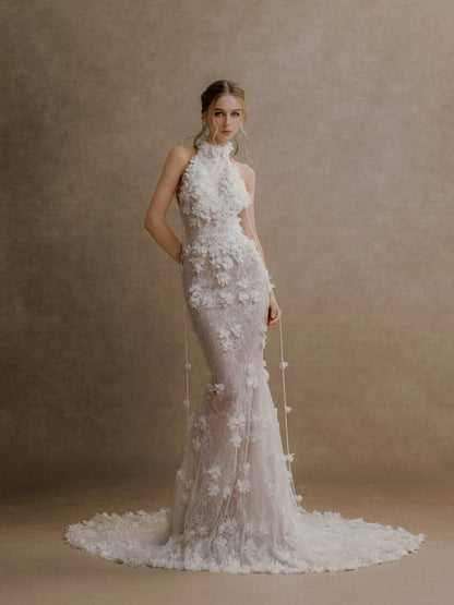XY Bymyxy White Lace Halter Mermaid Wedding Dress