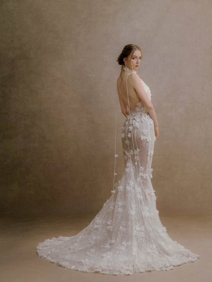 XY Bymyxy White Lace Halter Mermaid Wedding Dress