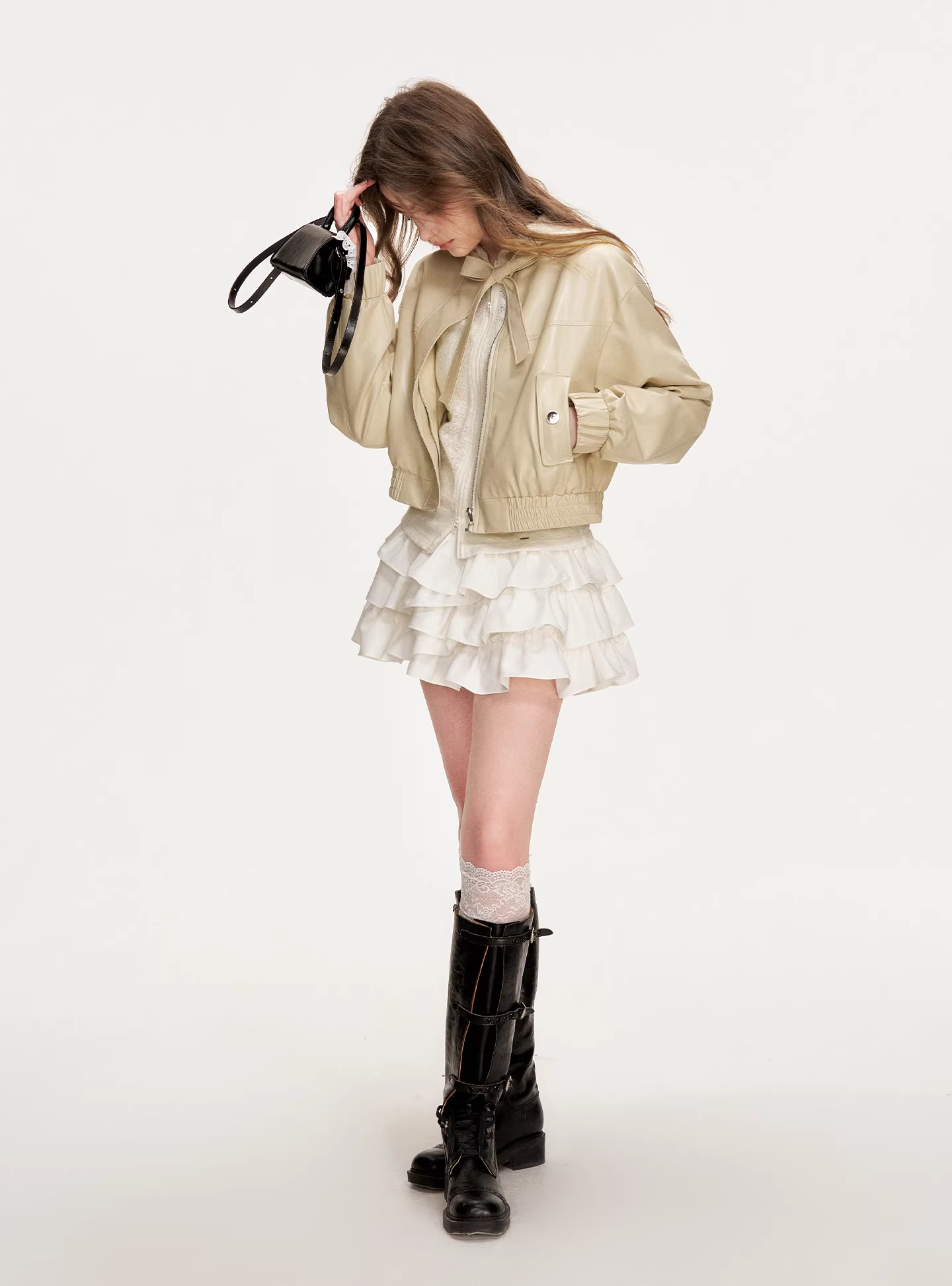 Kroche KZQ9019 Collar butterfly tie leather jacket