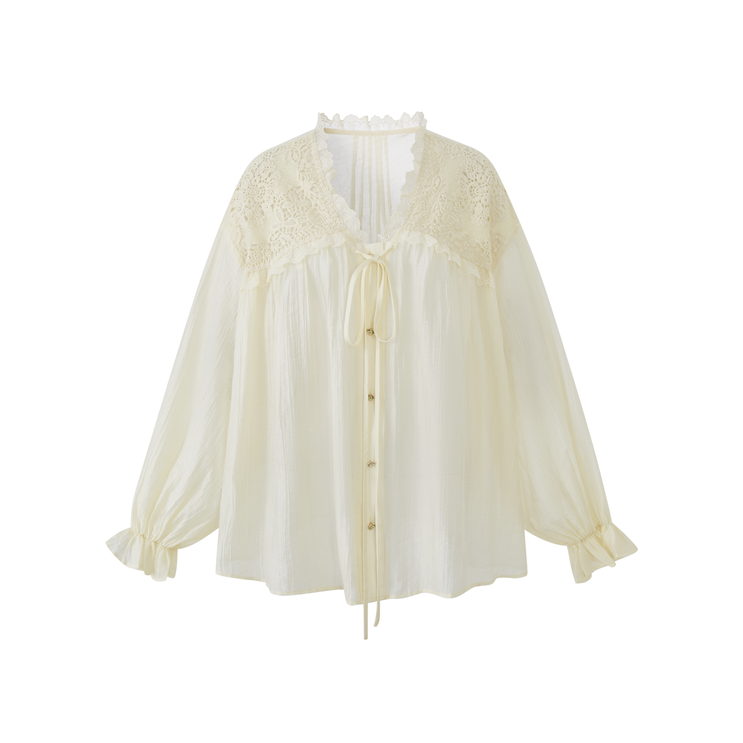 Lafreedom LAF360408&amp;LAF360409 Light yellow French hollow lace vacation style shirt + skirt