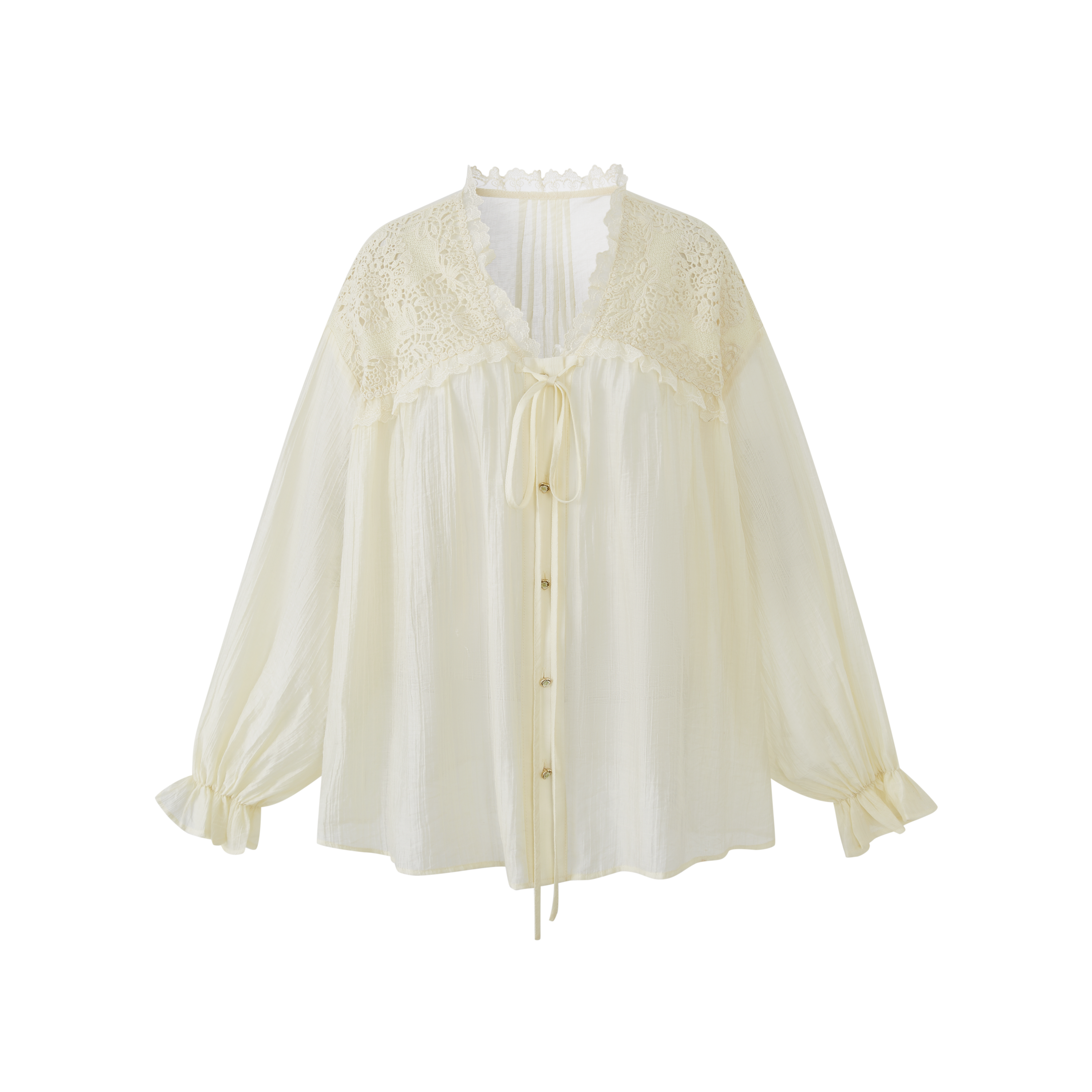 Lafreedom LAF360408&amp;LAF360409 Light yellow French hollow lace vacation style shirt + skirt