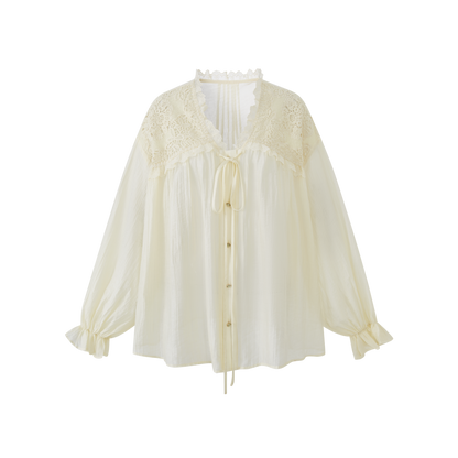 Lafreedom LAF360408&amp;LAF360409 Light yellow French hollow lace vacation style shirt + skirt