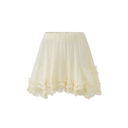 Lafreedom LAF360408&amp;LAF360409 Light yellow French hollow lace vacation style shirt + skirt