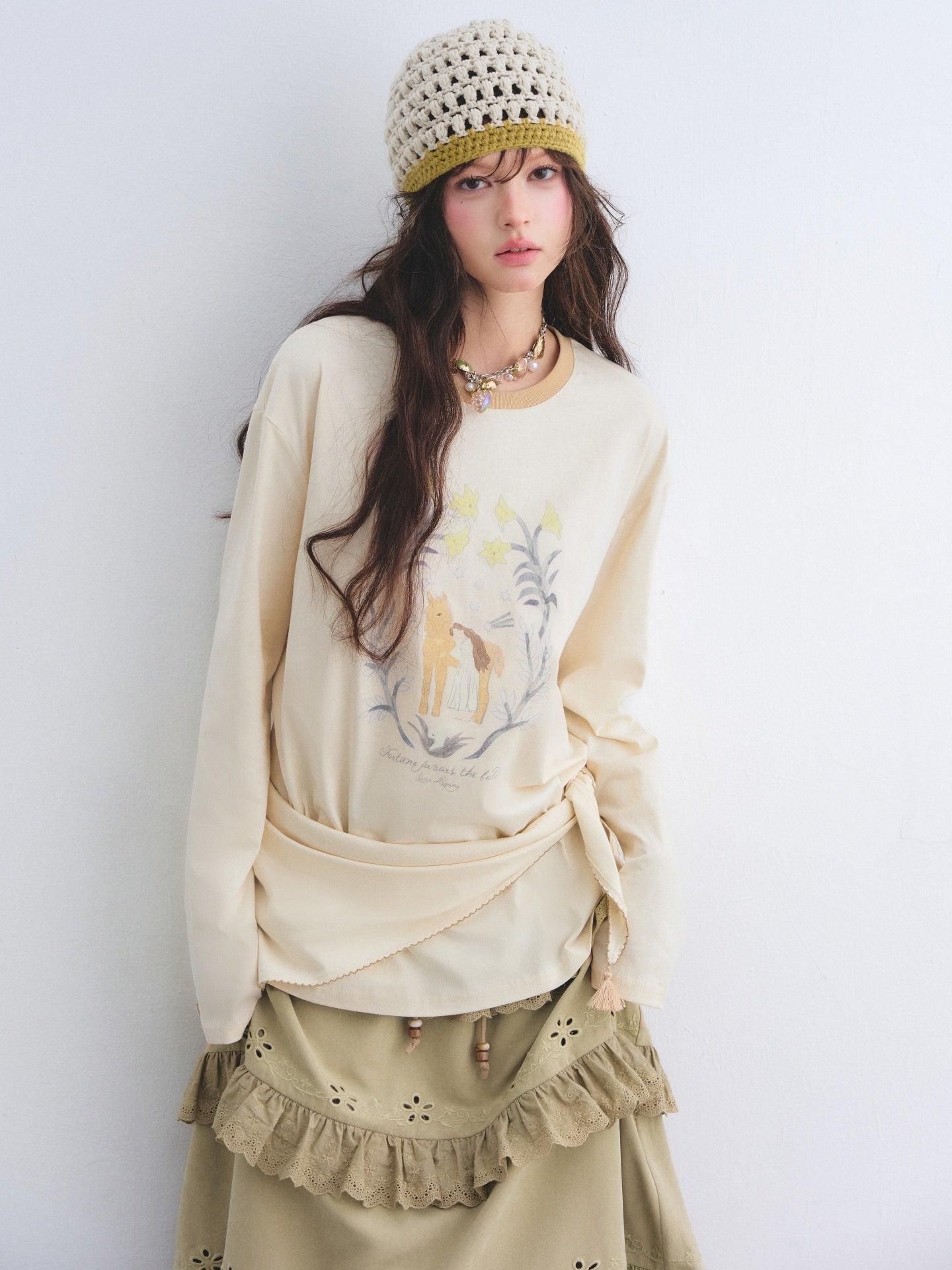 AsGony ASG26025 Triangle shawl pony print T-shirt two-piece set