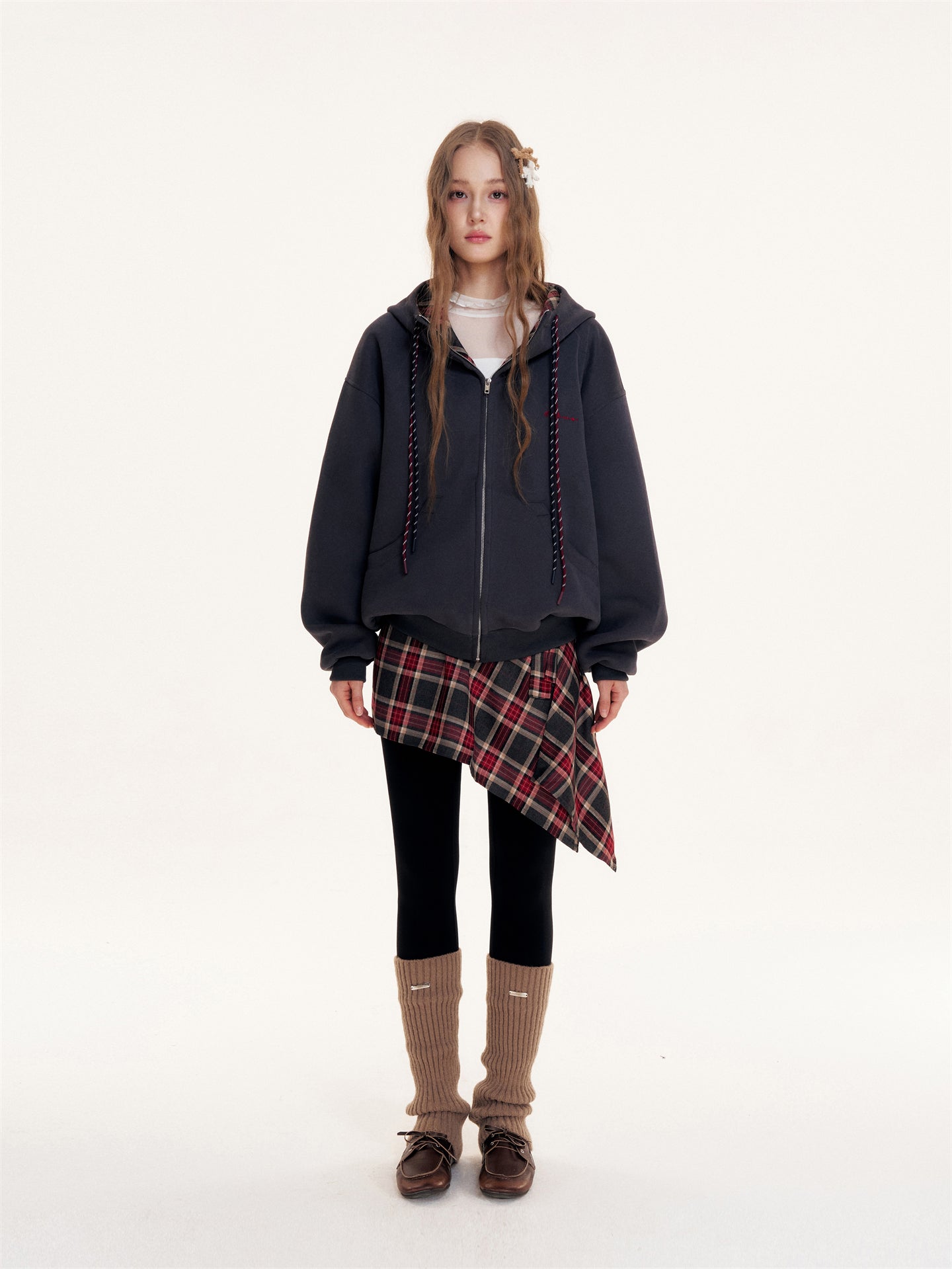 16DEWS 16D25429 Color blocked hooded drawstring sweatshirt jacket