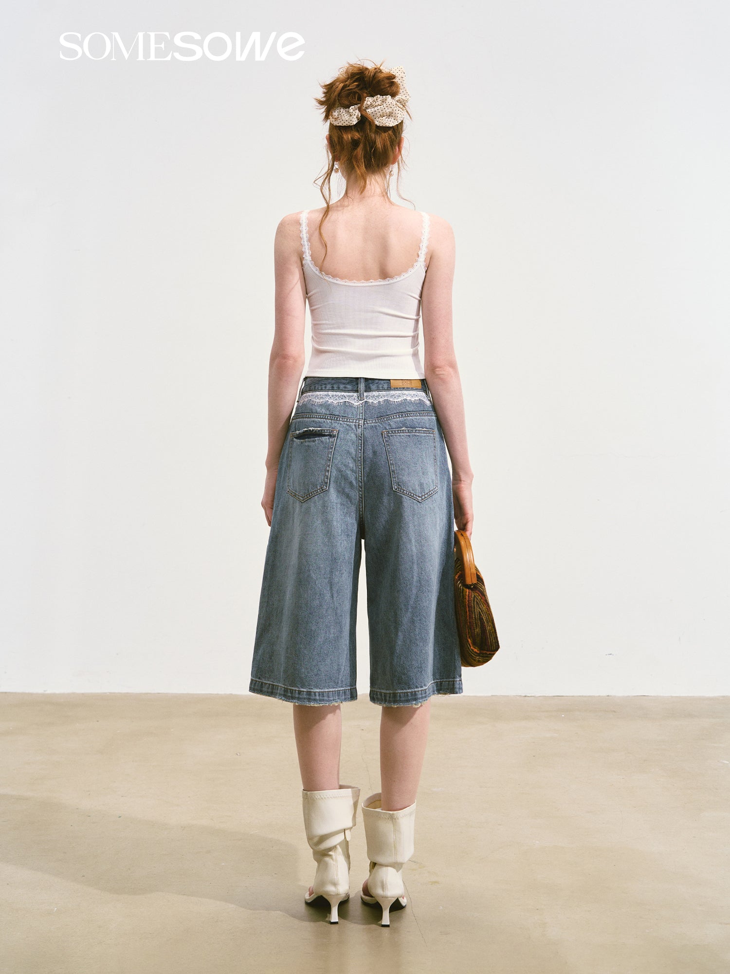 SOMESOWE S2508109 Lace printed wide leg denim shorts