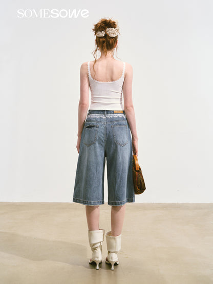 SOMESOWE S2508109 Lace printed wide leg denim shorts