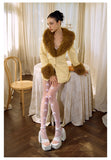 FINDYAWINGS Yellow Fur Collar Coat