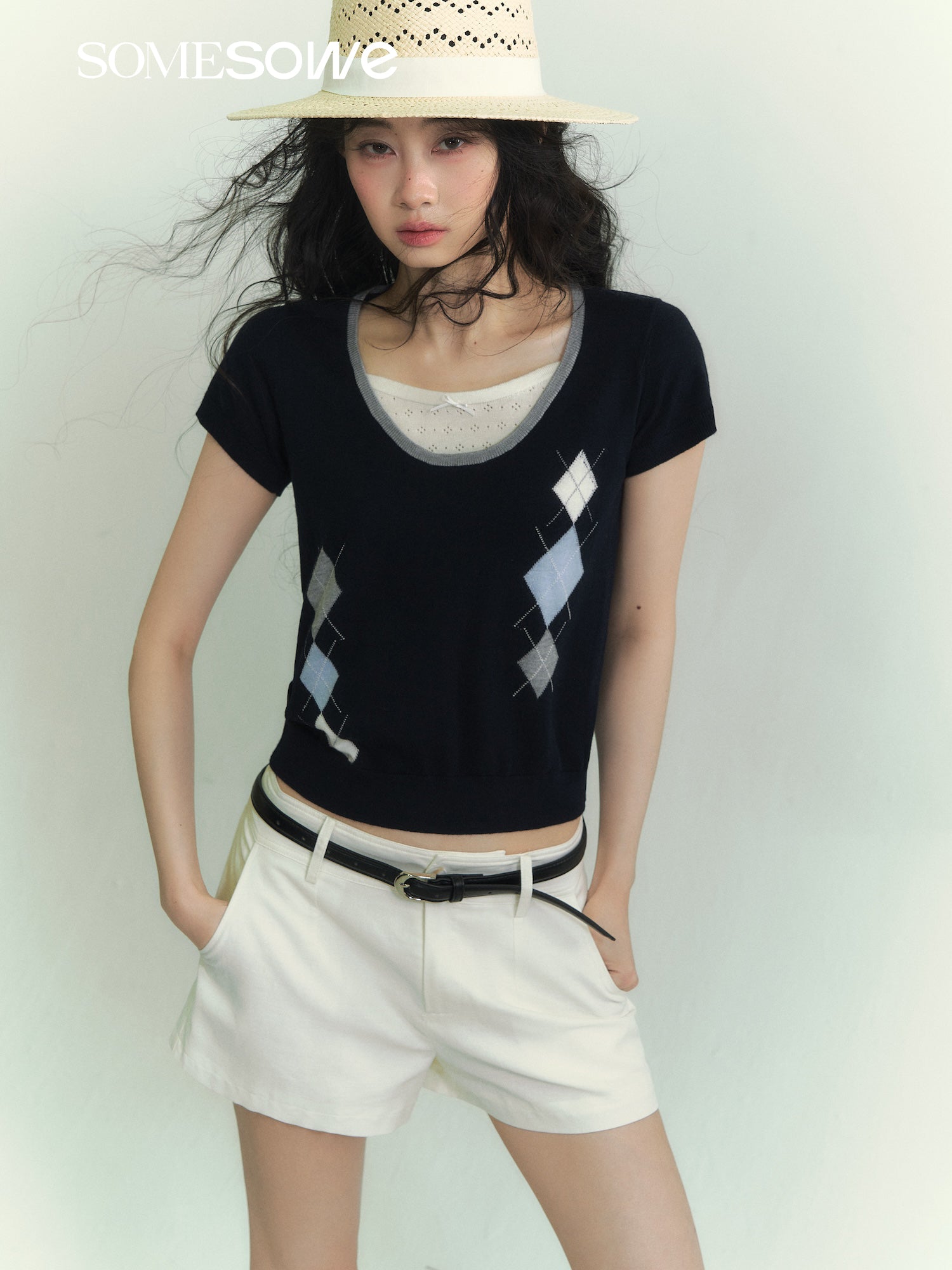 SOMESOWE S2609077 Lingge color matching fake two piece top