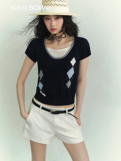 SOMESOWE S2609077 Lingge color matching fake two piece top