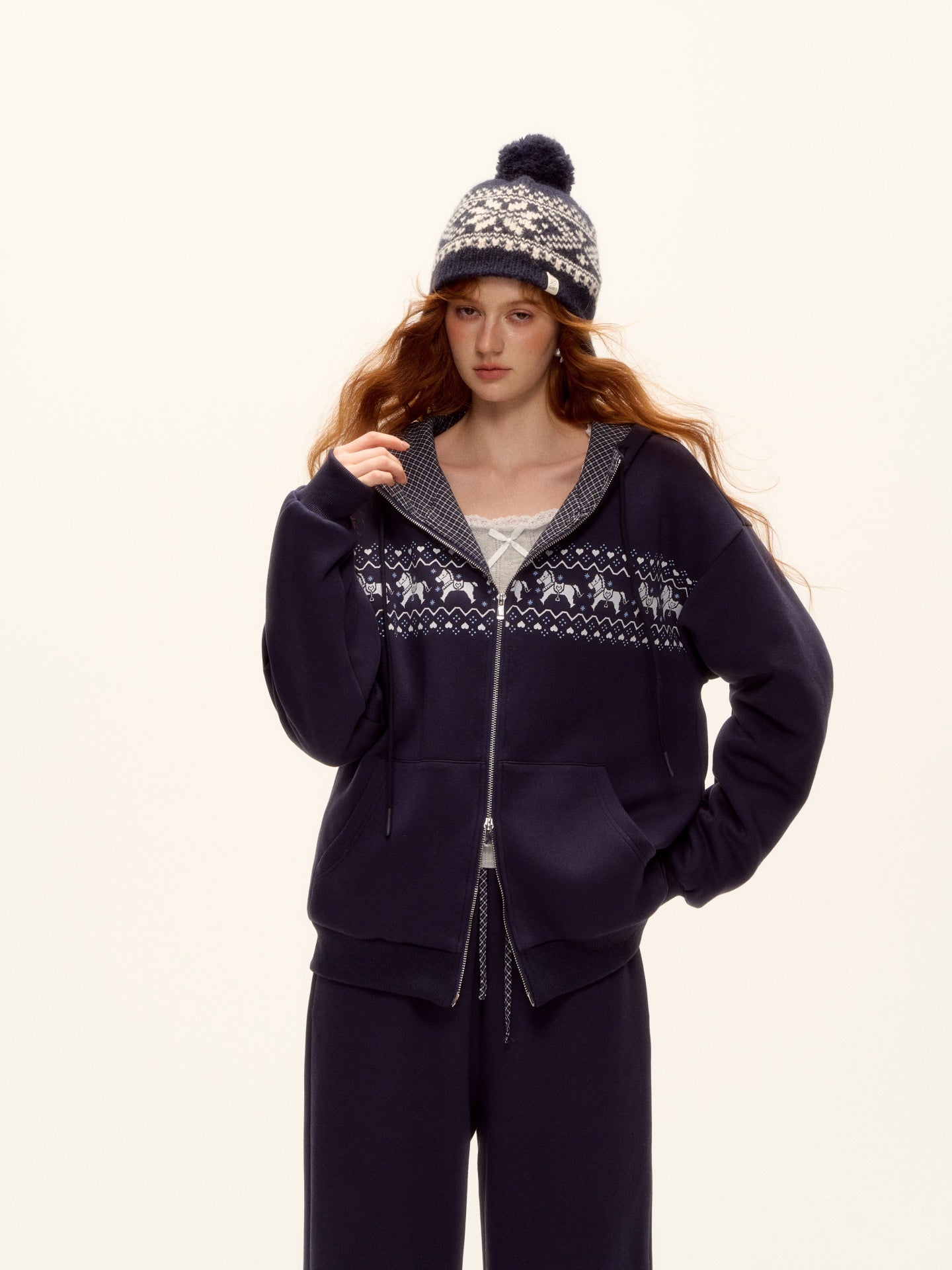 AsGony ASG25498&amp;ASG25499 Fel Island printed hooded jacket + pants set