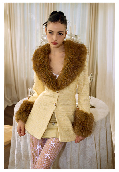 FINDYAWINGS Yellow Fur Collar Coat