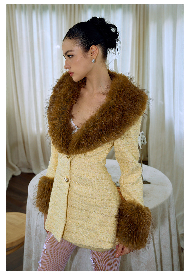 FINDYAWINGS Yellow Fur Collar Coat