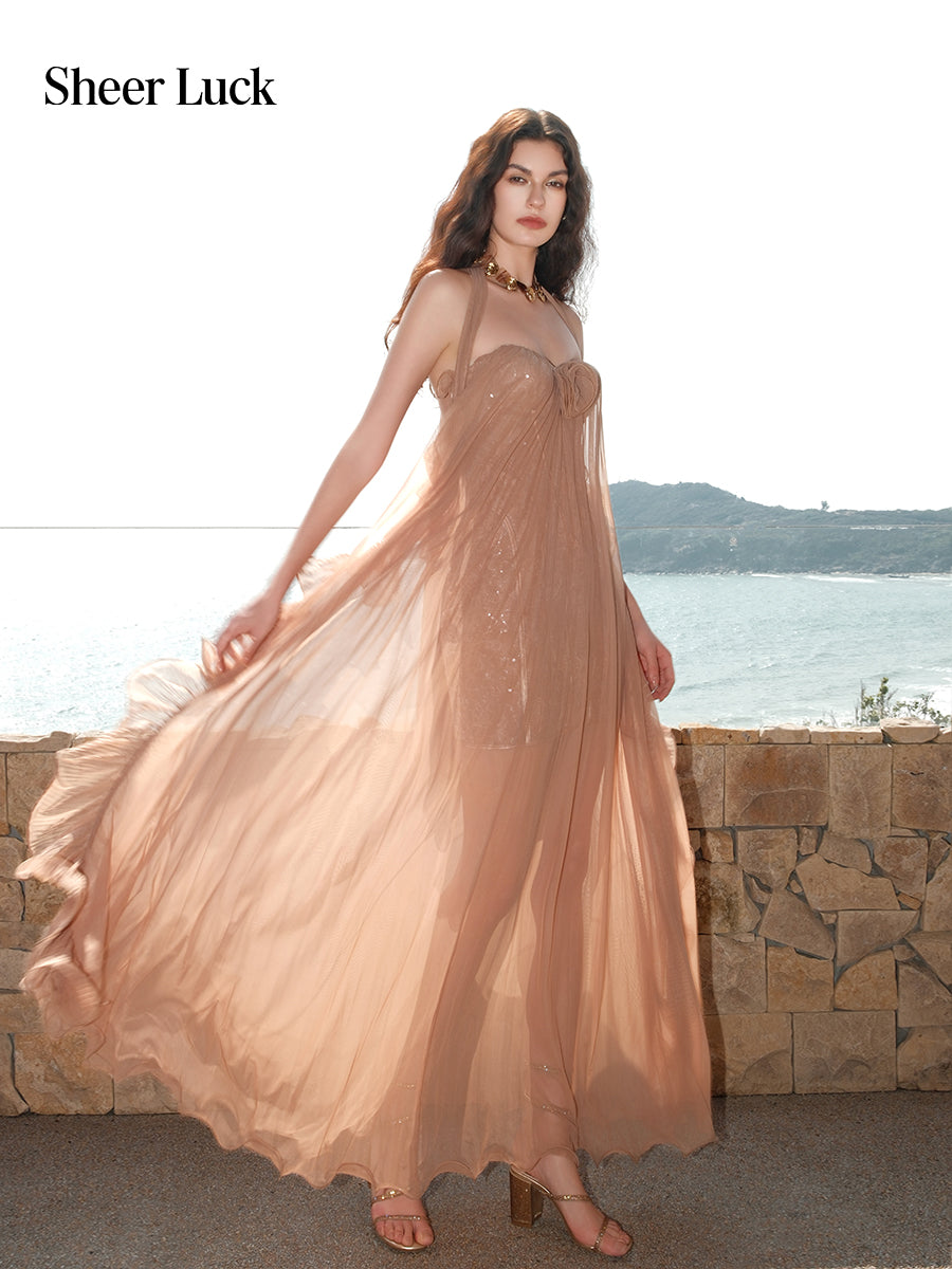 SHEERLUCK SLLYQ26311 Mesh neck hanging backless camisole dress