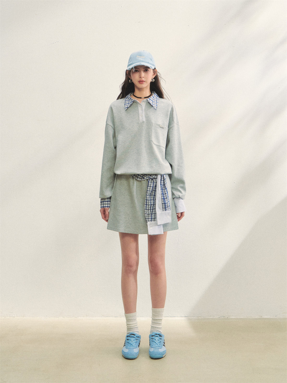 AsGony ASG25307&amp;ASG25308 Checkered shirt patchwork hoodie + skirt set