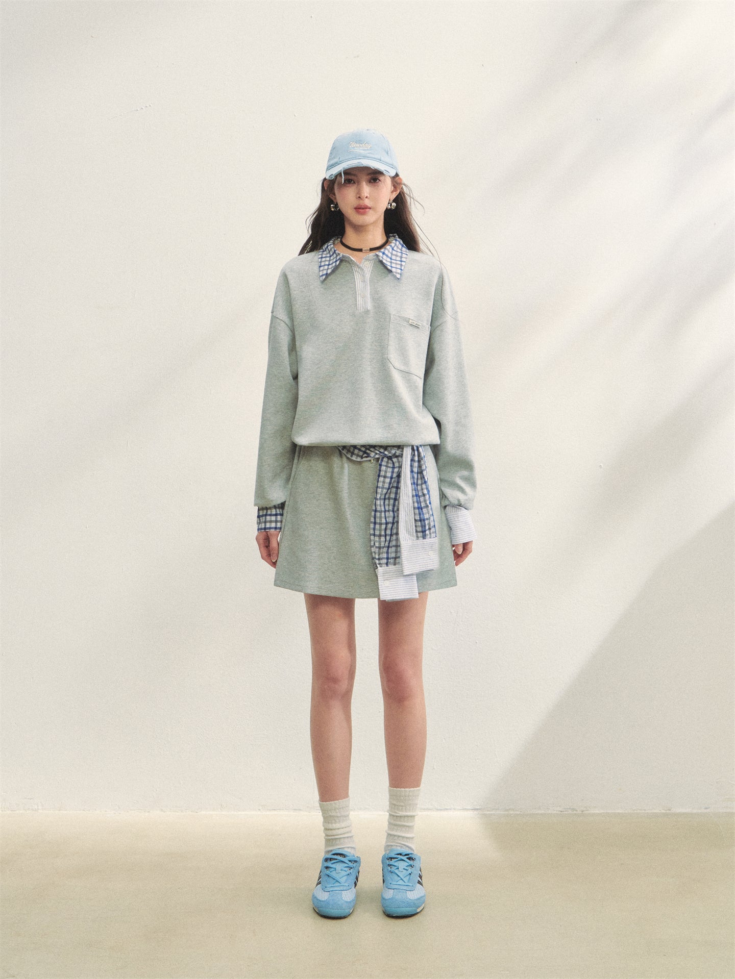 AsGony ASG25307&amp;ASG25308 Checkered shirt patchwork hoodie + skirt set
