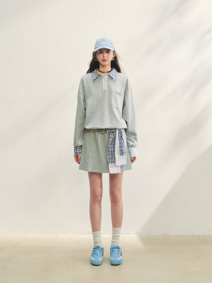 AsGony ASG25307&amp;ASG25308 Checkered shirt patchwork hoodie + skirt set