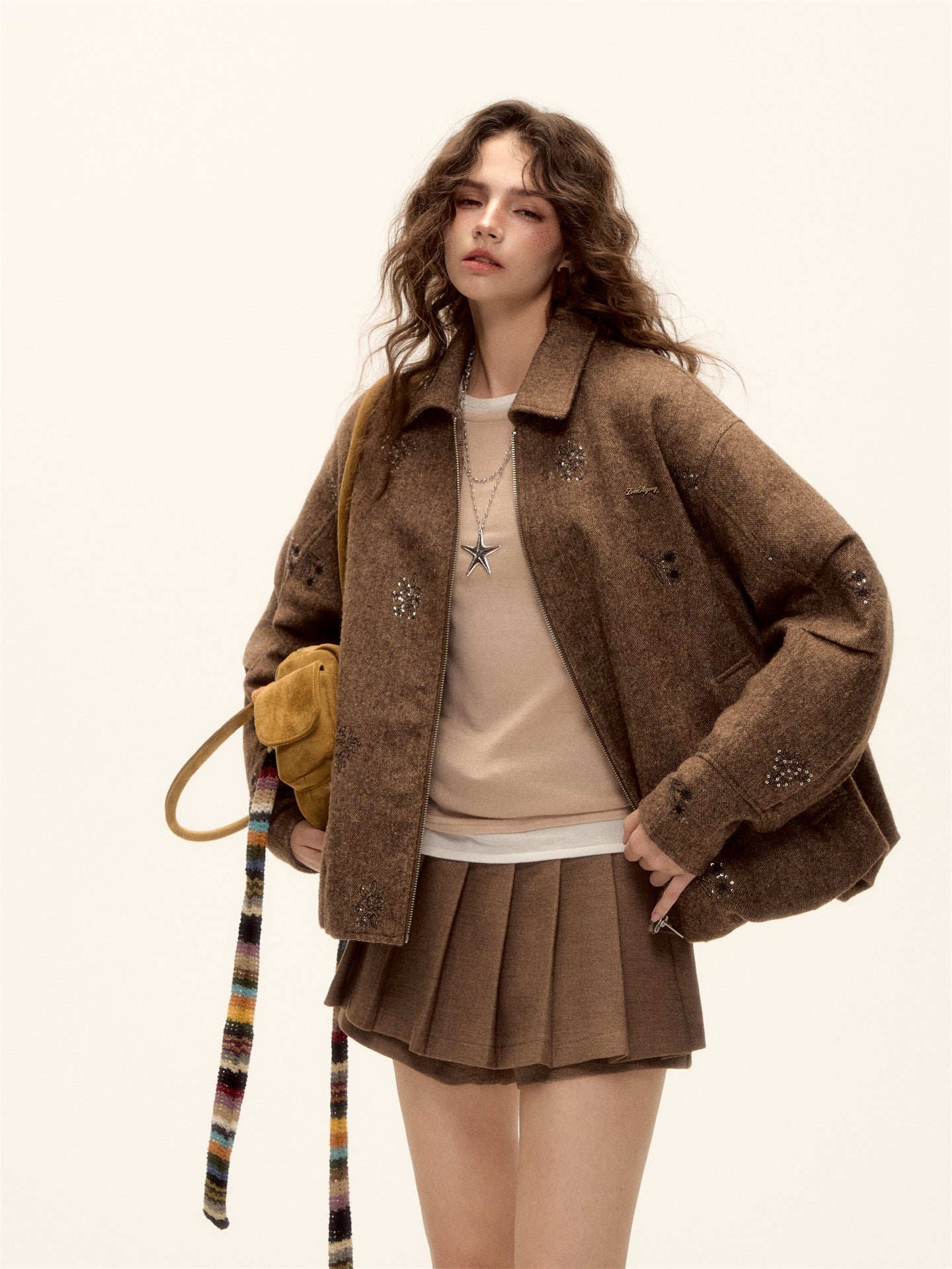 AsGony ASG25497 Bead embroidery plaid splicing flower bud wool jacket