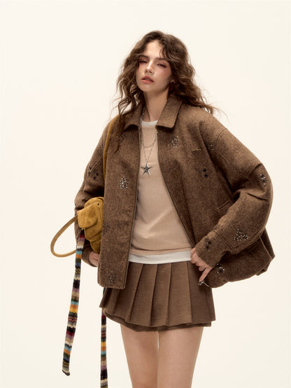 AsGony ASG25497 Bead embroidery plaid splicing flower bud wool jacket