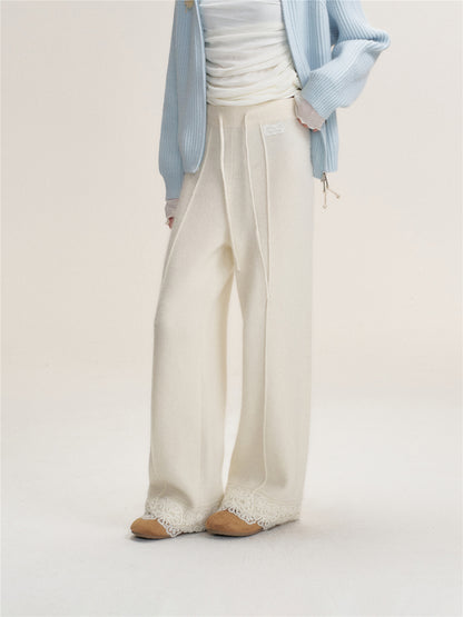 16DEWS 16D25471 Lace edged wool knitted straight leg pants