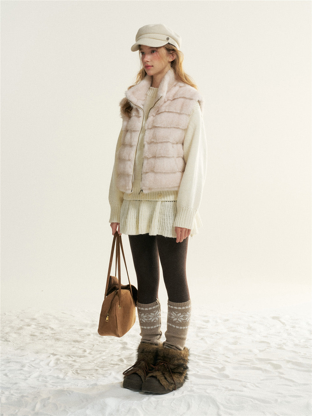 16DEWS 16D25531 Stand collar design imitates mink fur vest