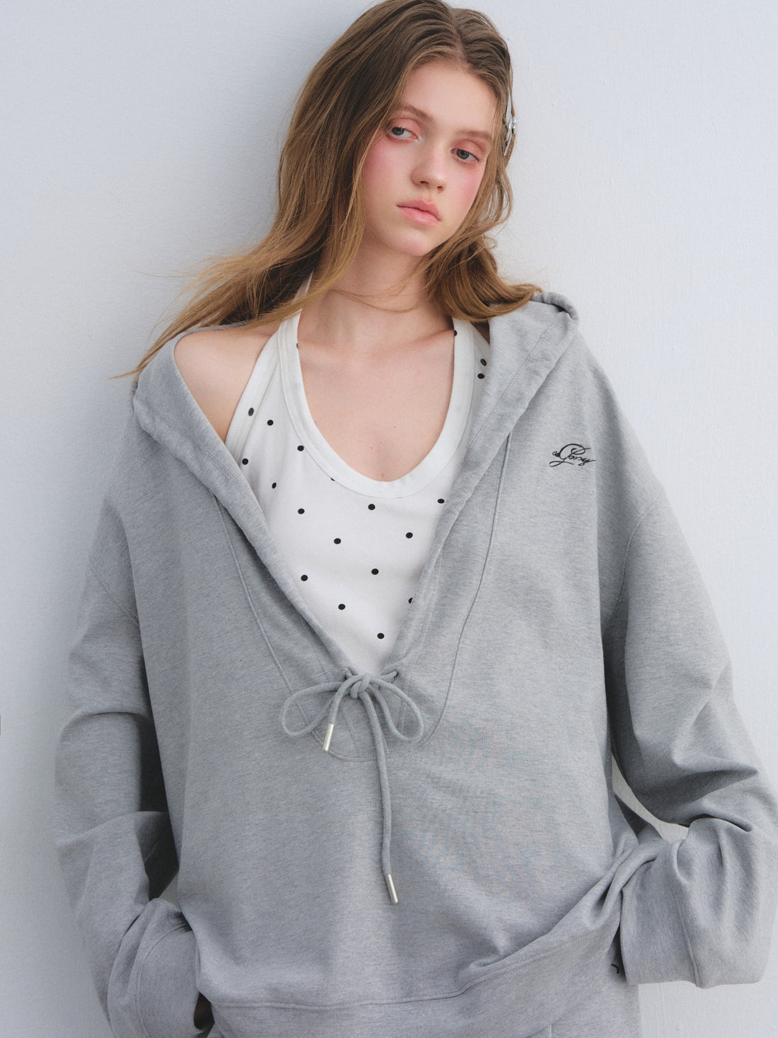 AsGony ASG25656&amp;ASG25657 Polka dot vest hooded drawstring hoodie set