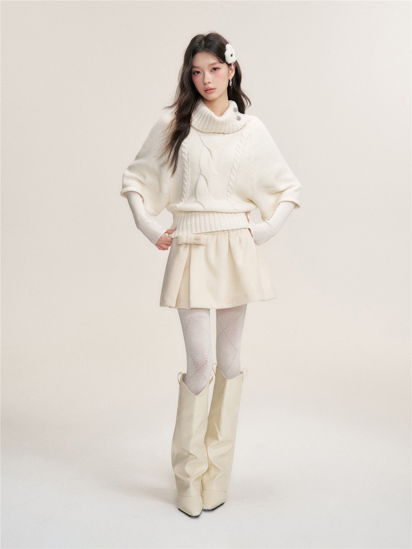 16DEWS 16D25443&amp;16D25444 Texture knitted cape pullover sweater + skirt set