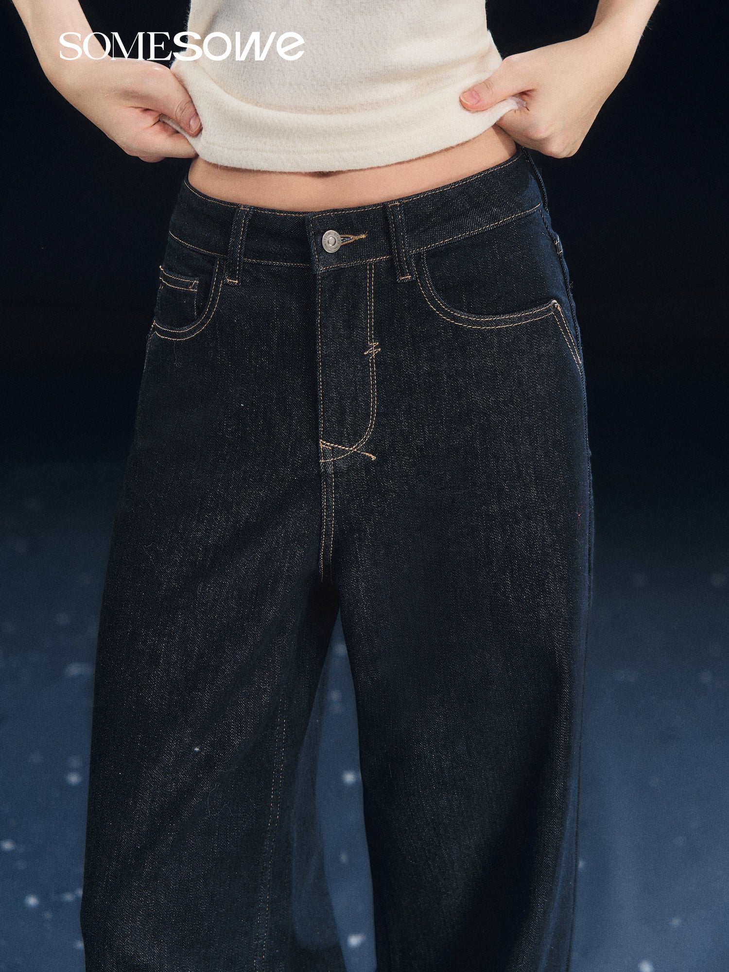 SOMESOWE S2508315 Elastic straight-leg solid color fleece jeans