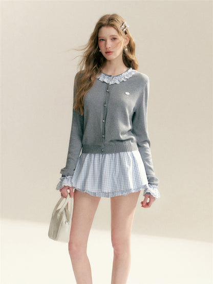 16DEWS 16D26051 Color blocking plaid round neck knitted cardigan